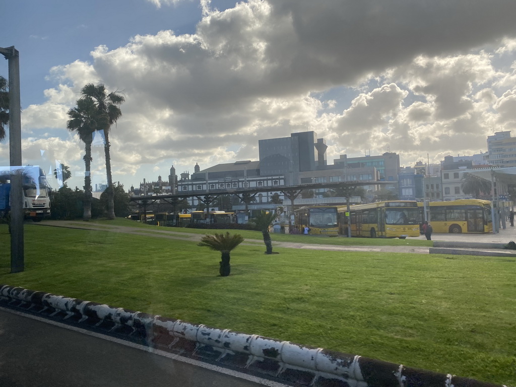 The El Teatro Bus Station, the Plaza de Stagno square and the towers of the Las Palmas Cathedral, viewed from the bus to Maspalomas on the GC-1 road