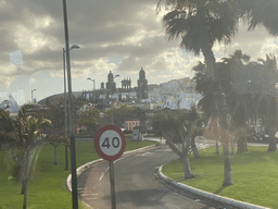 The city center with the towers of the Las Palmas Cathedral, viewed from the bus to Maspalomas on the GC-1 road