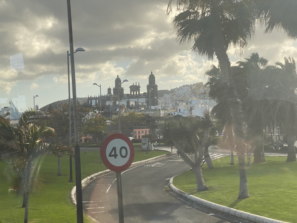 The city center with the towers of the Las Palmas Cathedral, viewed from the bus to Maspalomas on the GC-1 road