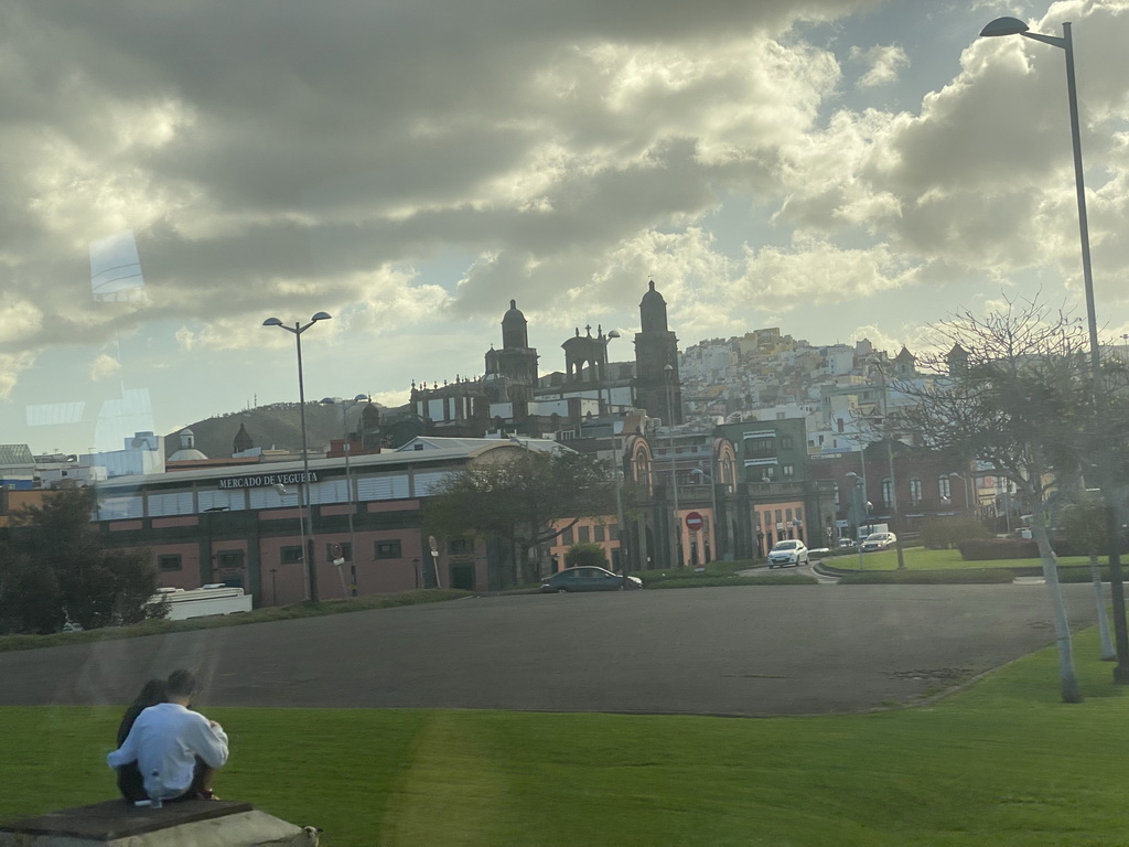 The Mercado De Vegueta market and the towers of the Las Palmas Cathedral, viewed from the bus to Maspalomas on the GC-1 road