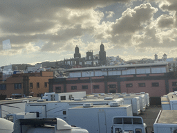 The Mercado De Vegueta market and the towers of the Las Palmas Cathedral, viewed from the bus to Maspalomas on the GC-1 road