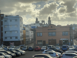 The Tasca Acoran restaurant and the towers of the Las Palmas Cathedral, viewed from the bus to Maspalomas on the GC-1 road