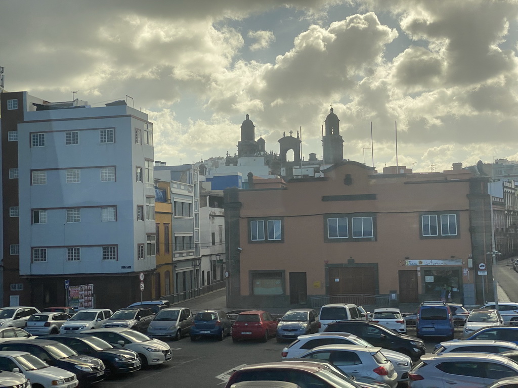 The Tasca Acoran restaurant and the towers of the Las Palmas Cathedral, viewed from the bus to Maspalomas on the GC-1 road