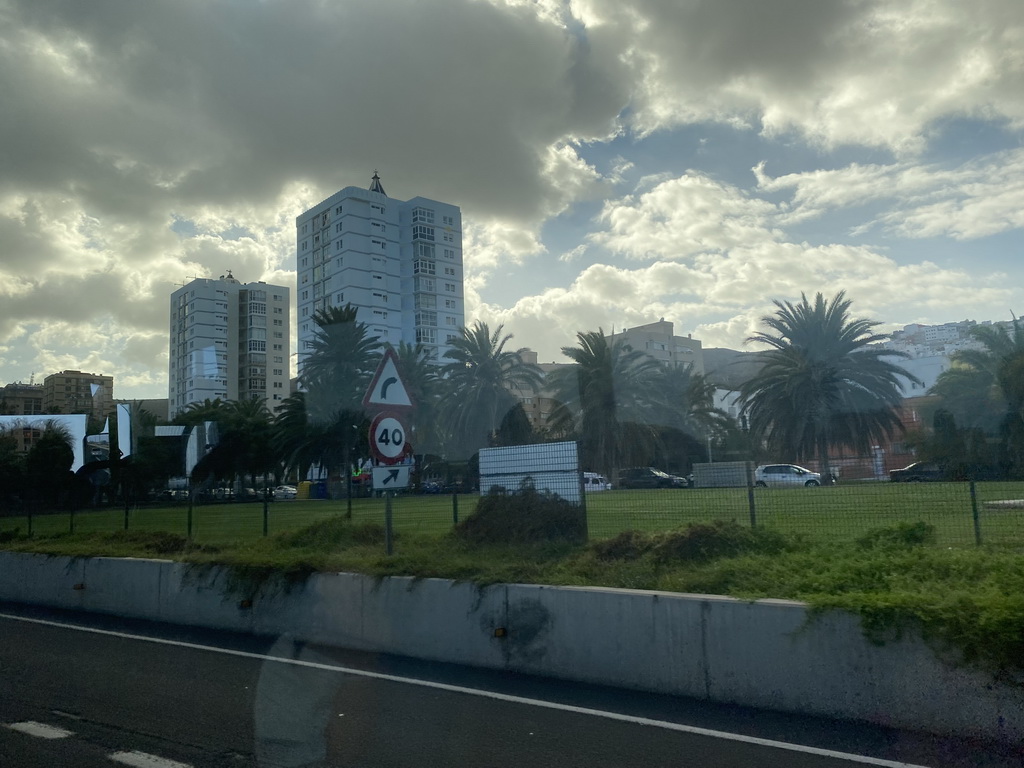 Buildings at the Calle Alicante street, viewed from the bus to Maspalomas on the GC-1 road