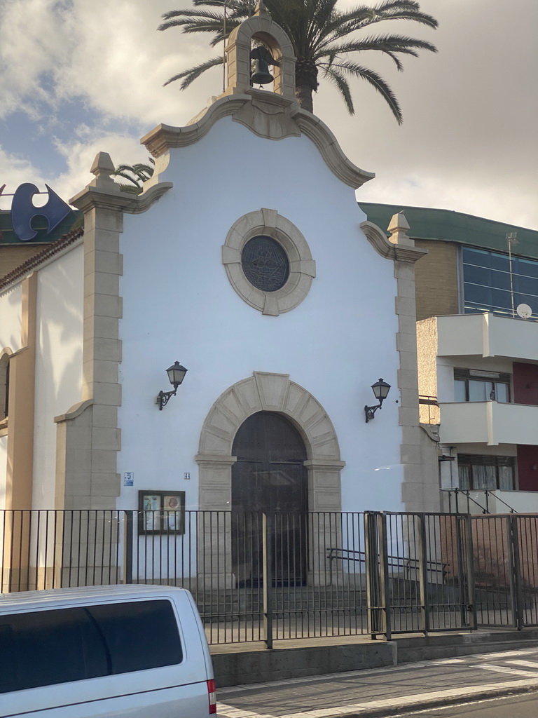 Front of the Parroquia de San Francisco Javier church at the Paseo Blas Cabrera Felipe `Físico` street, viewed from the bus to Maspalomas on the GC-1 road