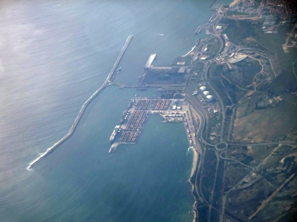The south pier of the town of Sines in Portugal, viewed from the airplane to Rotterdam