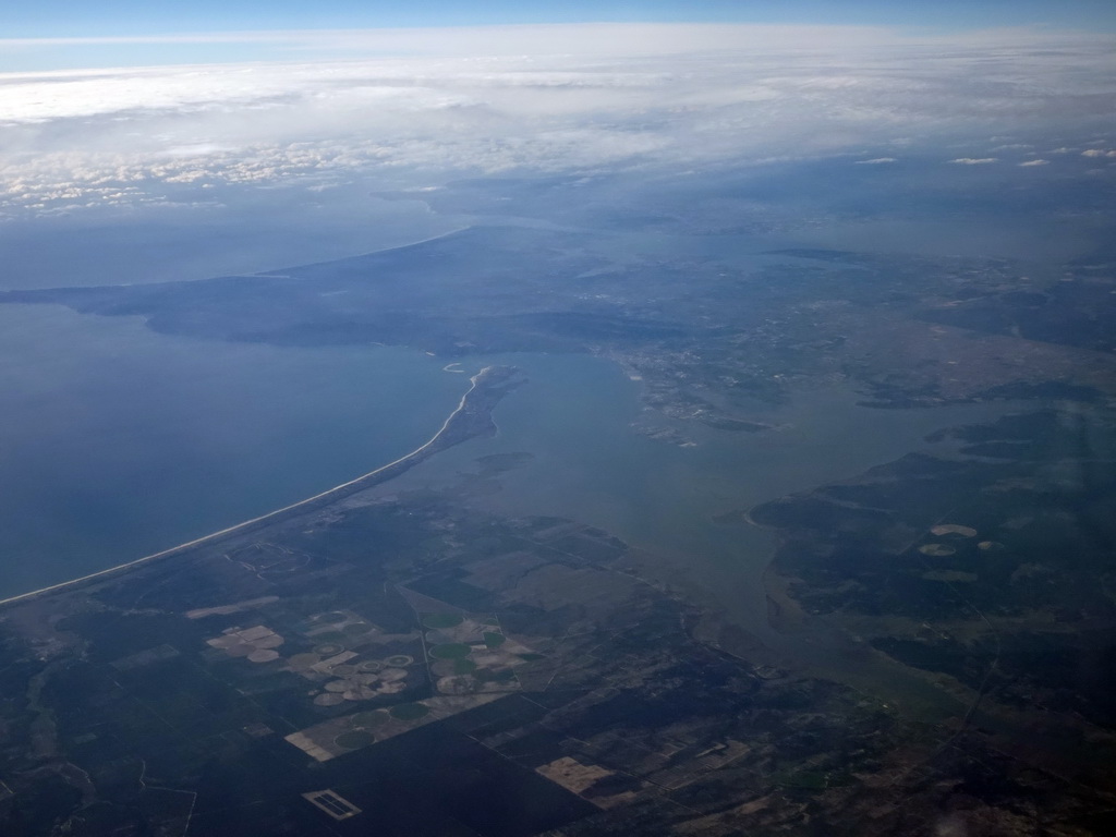 The city of Setúbal and the Sado River estuary in Portugal, viewed from the airplane to Rotterdam