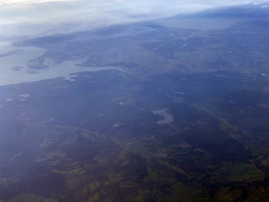 The city of Setúbal, the Sado River estuary and the Tagus River in Portugal, viewed from the airplane to Rotterdam