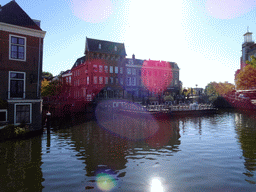 Shops at the Hoogstraat street and boats in the Oude Rijn river, viewed from the Waaghoofdbrug bridge