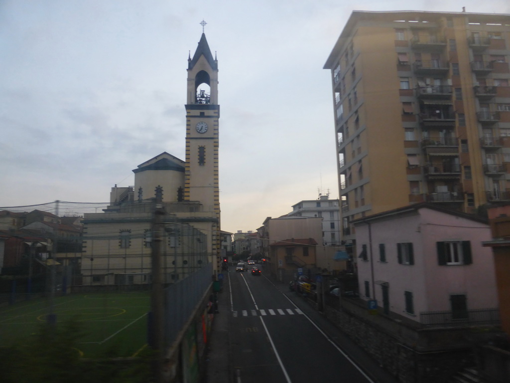The Via del Canaletto street and the Chiesa di San Giovanni Battista church at La Spezia, viewed from the train from Pisa