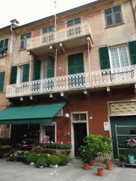 House with balconies and a flower shop at the Via Matteo Vinzoni street