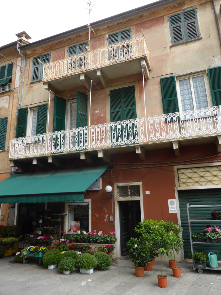 House with balconies and a flower shop at the Via Matteo Vinzoni street