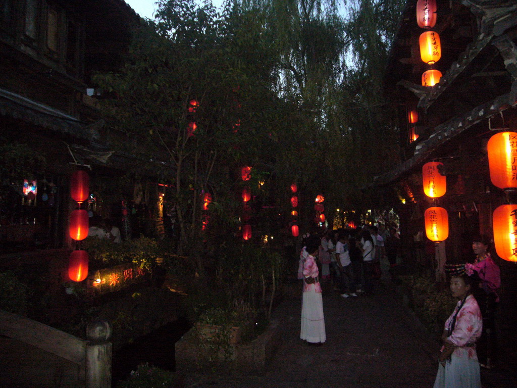 Pub street in the Old City of Lijiang, at sunset