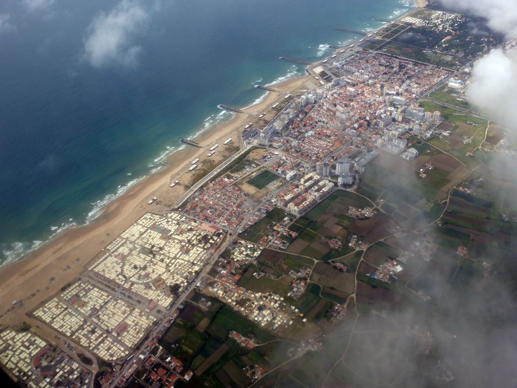 The town of Costa da Caparica and its beach, viewed from the airplane from Amsterdam