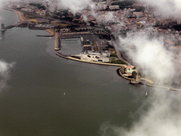 The Belém district of Lisbon, with the Torre de Belém tower, the Museu do Combatente museum and the fishing dock, viewed from the airplane from Amsterdam