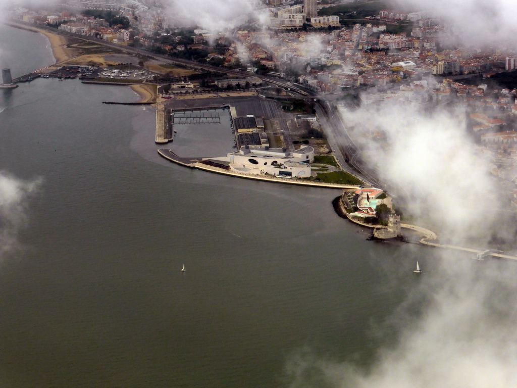 The Belém district of Lisbon, with the Torre de Belém tower, the Museu do Combatente museum and the fishing dock, viewed from the airplane from Amsterdam