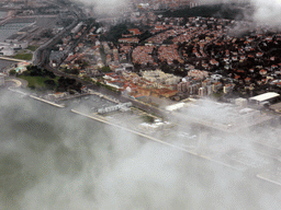 The Belém district of Lisbon, with the Torre de Belém tower, the Museu do Combatente museum, the fishing dock, the Belém Cultural Center and the Monument to the Discoveries (Padrão dos Descobrimentos), viewed from the airplane from Amsterdam