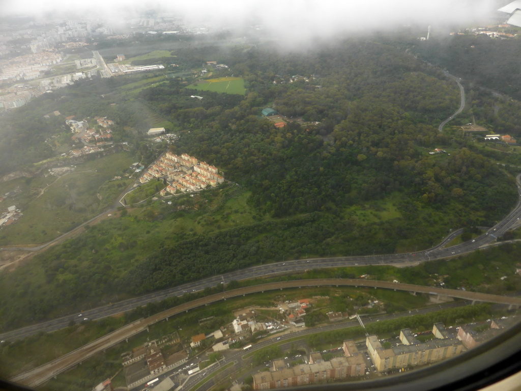 The Alcântara district of Lisbon, with the Bairro do Alvito neighbourhood, viewed from the airplane from Amsterdam