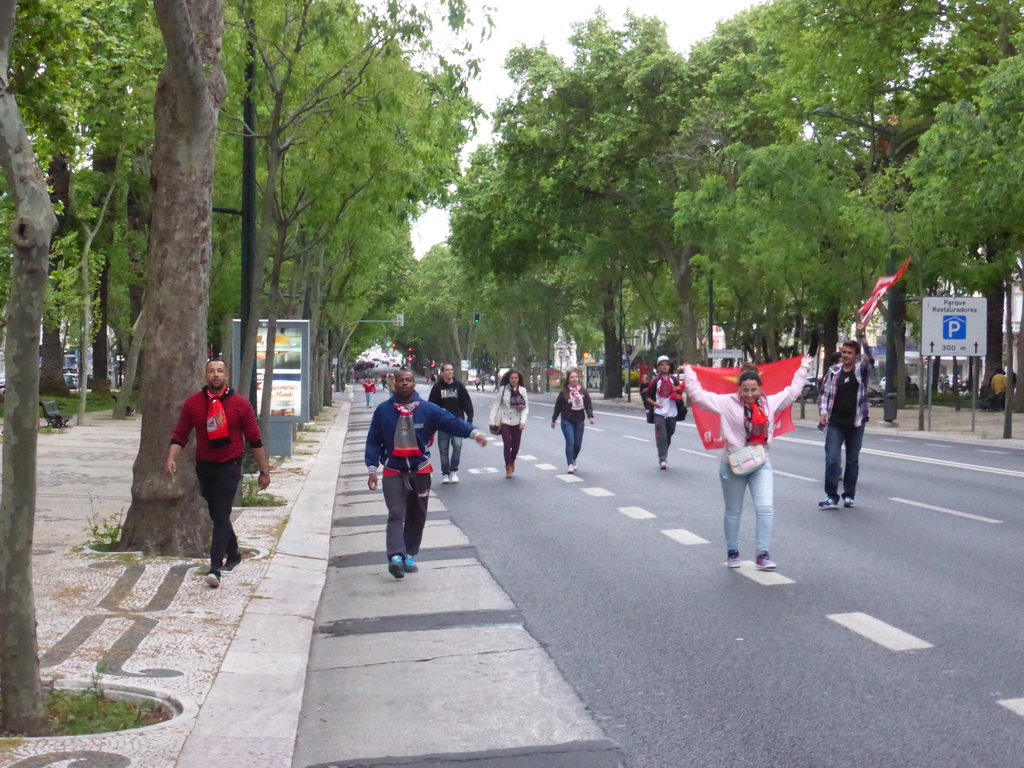 Fans of the S.L. Benfica soccer team celebrating the championship at the Avenida da Liberdade avenue