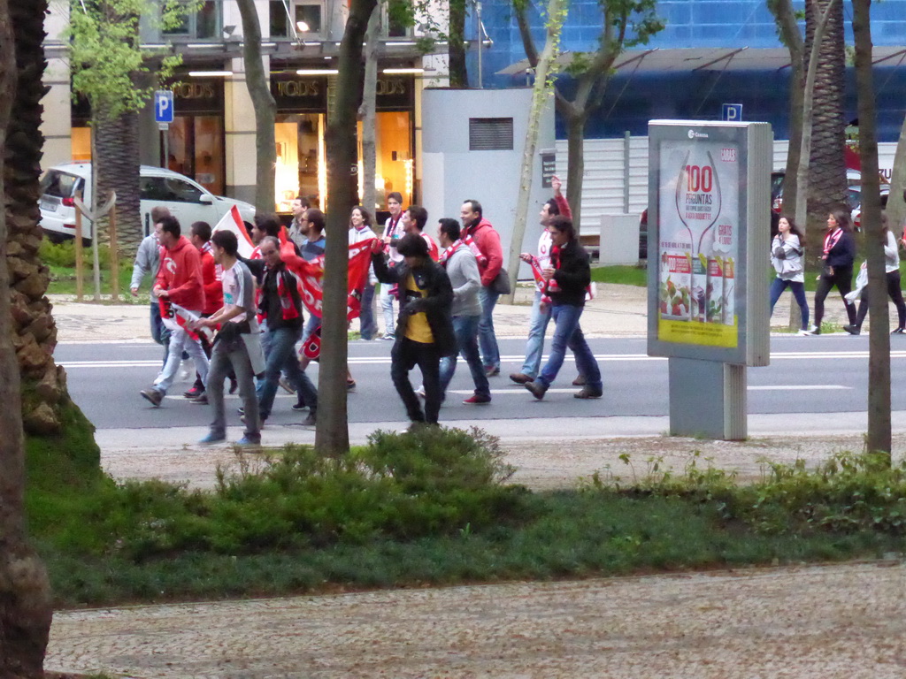 Fans of the S.L. Benfica soccer team celebrating the championship at the Avenida da Liberdade avenue