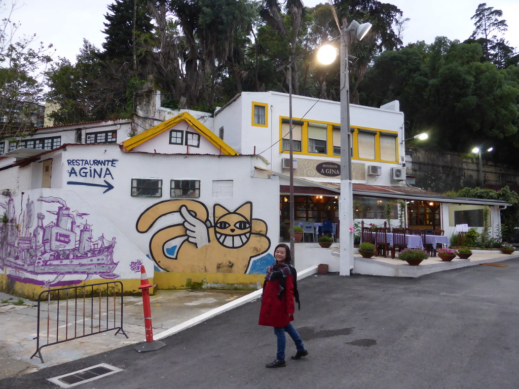 Miaomiao in front of the A Gina Restaurant at the Parque Mayer park