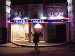 Miaomiao in front of the Teatro Maria Vitória theatre at the Parque Mayer park, by night