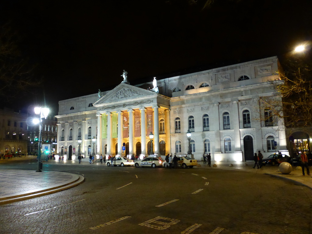The front of the National Theatre D. Maria II at the Rossio Square, by night