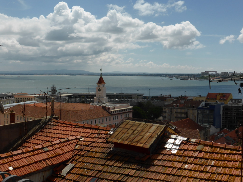 The towers of the D. Luís I Post Office and the Mercado da Ribeira market, the Cais do Sodré Railway Station and the Rio Tejo river, viewed from the Miradouro da Santa Catarina viewpoint