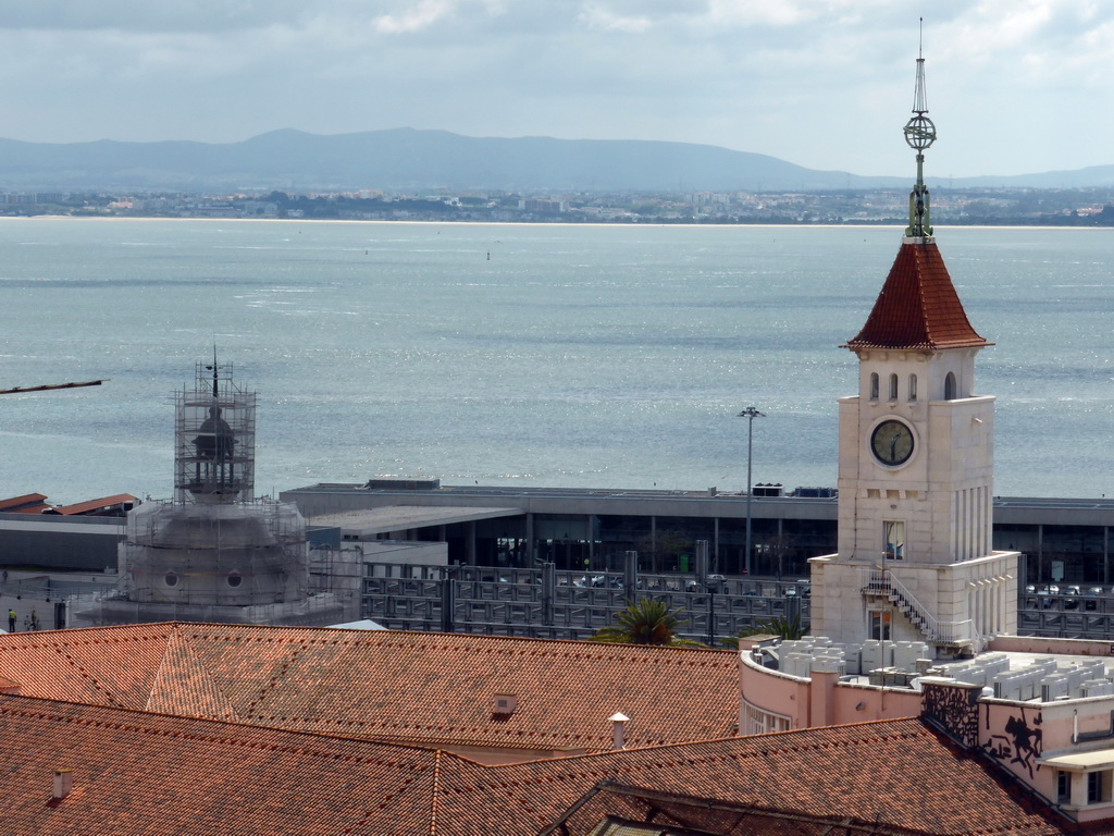 The towers of the D. Luís I Post Office and the Mercado da Ribeira market, the Cais do Sodré Railway Station and the Rio Tejo river, viewed from the Miradouro da Santa Catarina viewpoint