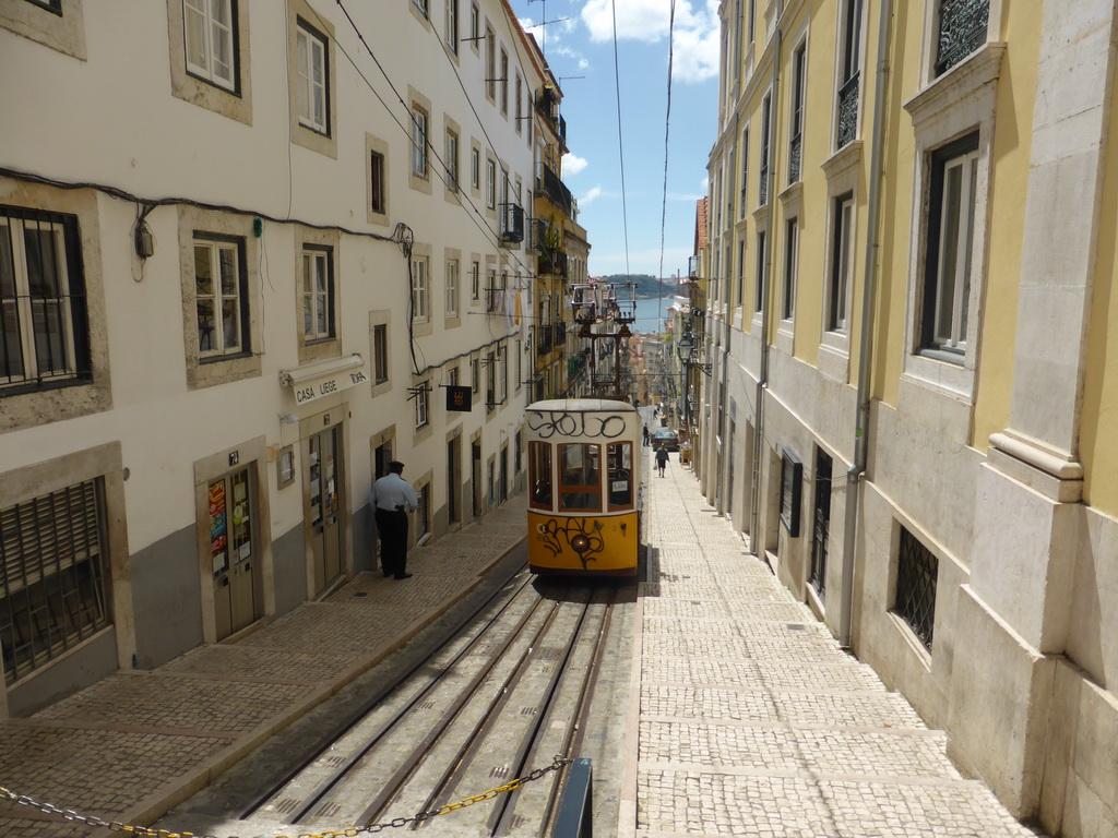 The Bica Funicular (Elevador da Bica) at the top of the Rua de Bica de Duarte Belo street