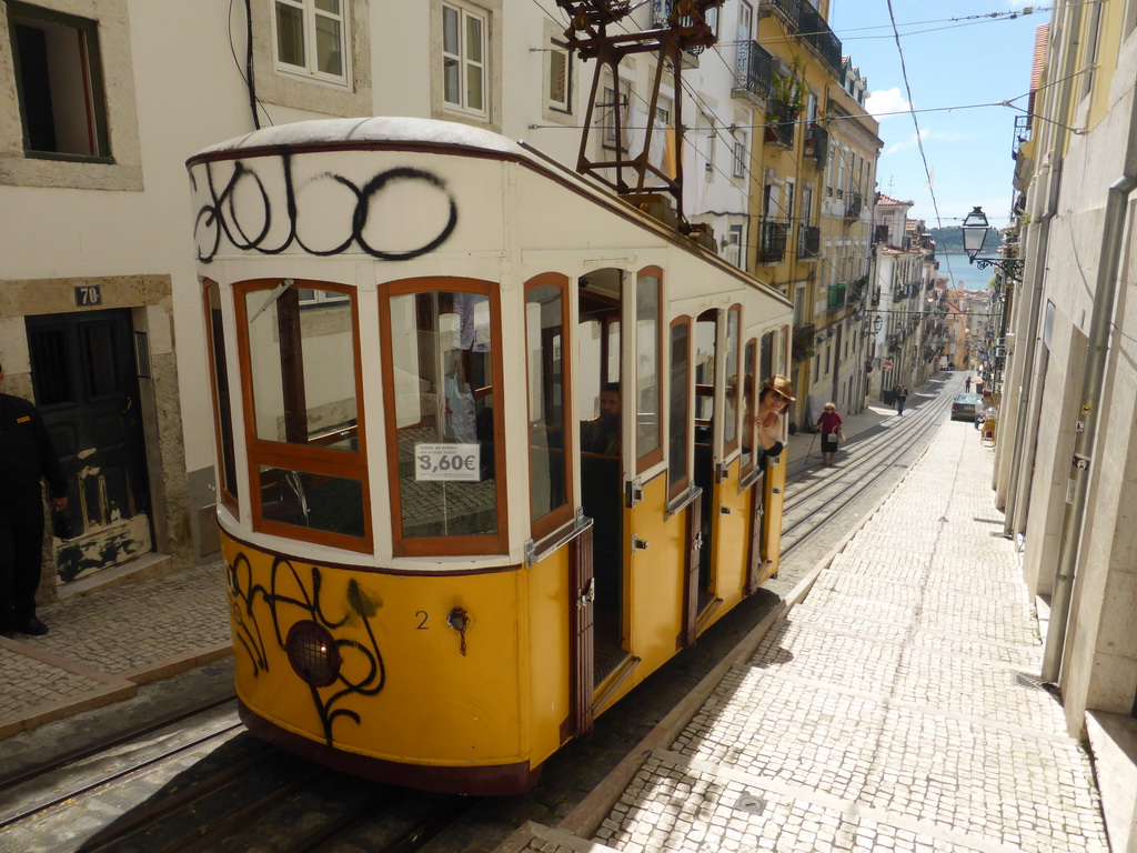 Miaomiao at the Bica Funicular at the top of the Rua de Bica de Duarte Belo street