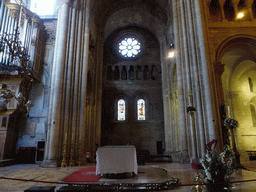 Main altar and right transept with stained glass window at the Lisbon Cathedral