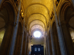 Nave, front gate and rose window at the Lisbon Cathedral