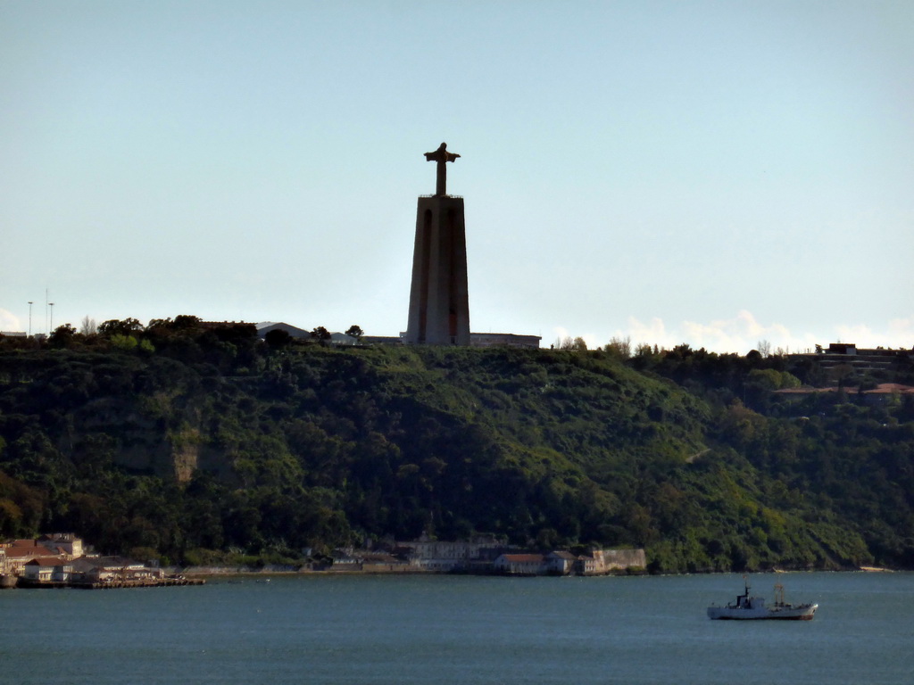 The Cristo Rei statue and the Rio Tejo river, viewed from the Praça d`Armas square at the São Jorge Castle