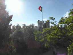 Miaomiao and Portuguese flag at one of the western towers of the São Jorge Castle, viewed from the top of the central wall