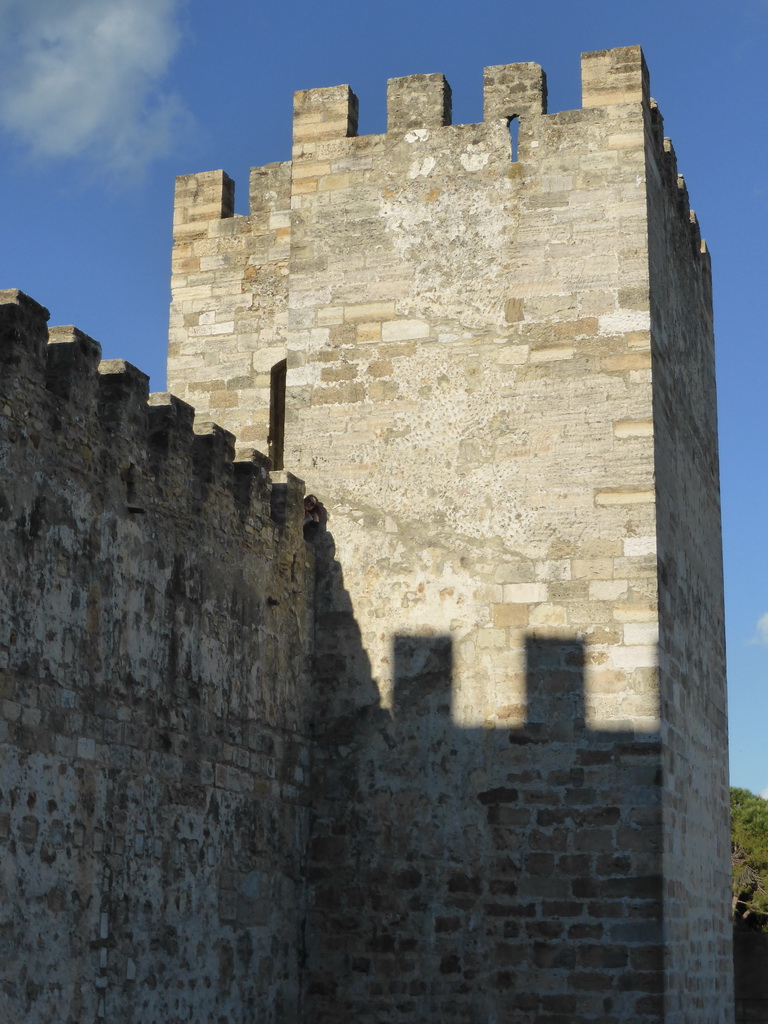 Miaomiao on top of the southern wall and the Tower of Keep of the São Jorge Castle, viewed from below