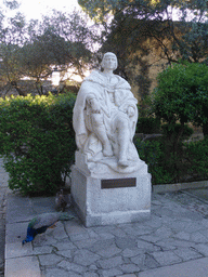 Statue of King Manuel I and peacocks at the gardens of the São Jorge Castle