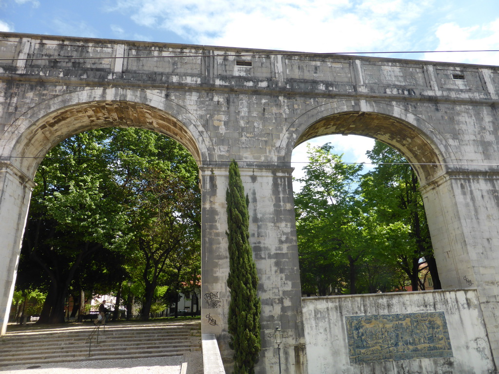 The Mãe d`Água das Amoreiras aqueduct and the Amoreiras` Garden, viewed from the sightseeing bus