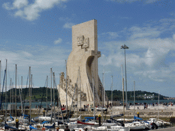 The Doca de Belém Marina dock, the Padrão dos Descobrimentos monument and the Rio Tejo river, viewed from the sightseeing bus