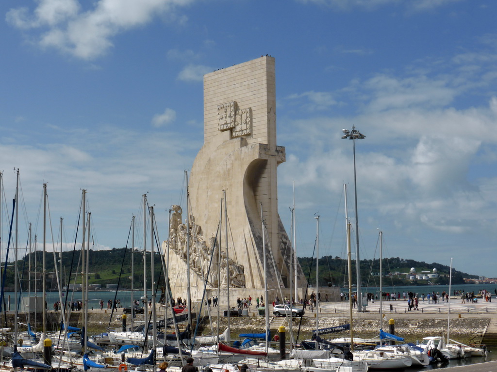 The Doca de Belém Marina dock, the Padrão dos Descobrimentos monument and the Rio Tejo river, viewed from the sightseeing bus