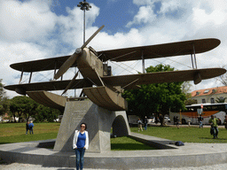 Miaomiao in front of the Monument to the first aerial crossing of the South Atlantic at the gardens of the Torre de Belém tower