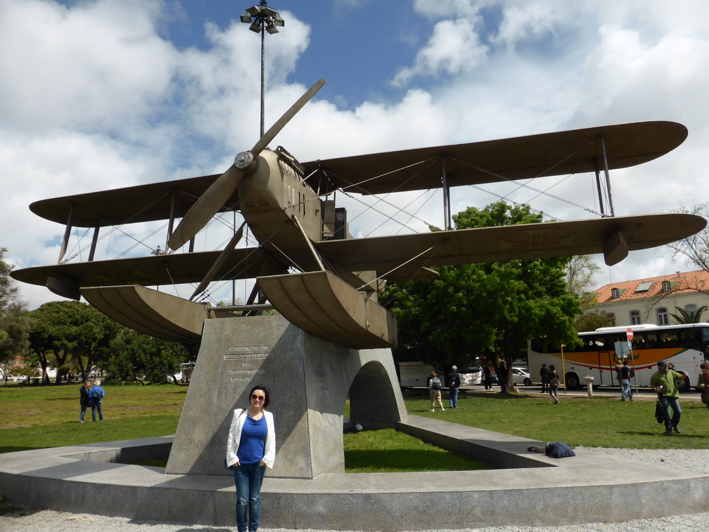 Miaomiao in front of the Monument to the first aerial crossing of the South Atlantic at the gardens of the Torre de Belém tower