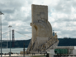 The Padrão dos Descobrimentos monument, the Ponte 25 de Abril bridge over the Rio Tejo river and the Cristo Rei statue, viewed from the Belém Cultural Center