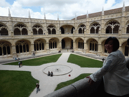Miaomiao at the upper floor of the Cloister at the Jerónimos Monastery, with a view on the central square