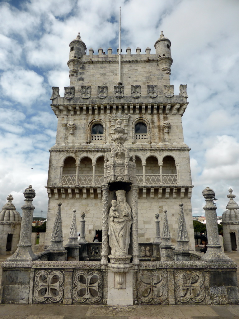 Virgin and Child statue at the platform on the first floor of the Torre de Belém tower, with a view on the upper floors