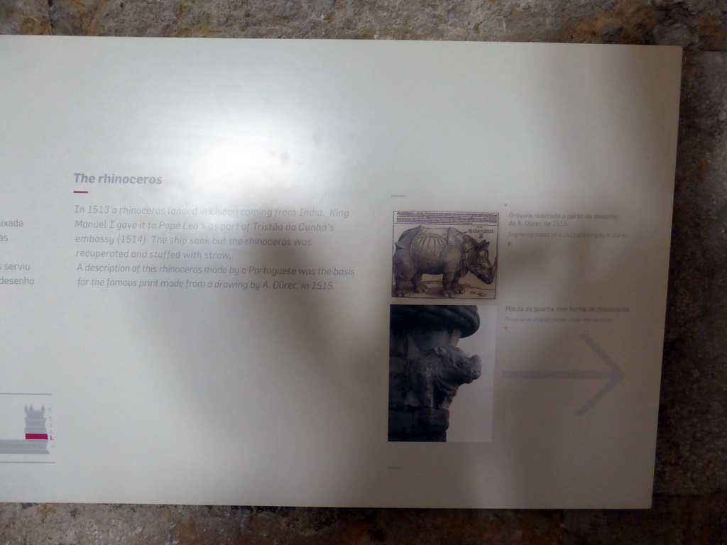 Information on the Rhinoceros sculpture, at the first floor of the Torre de Belém tower