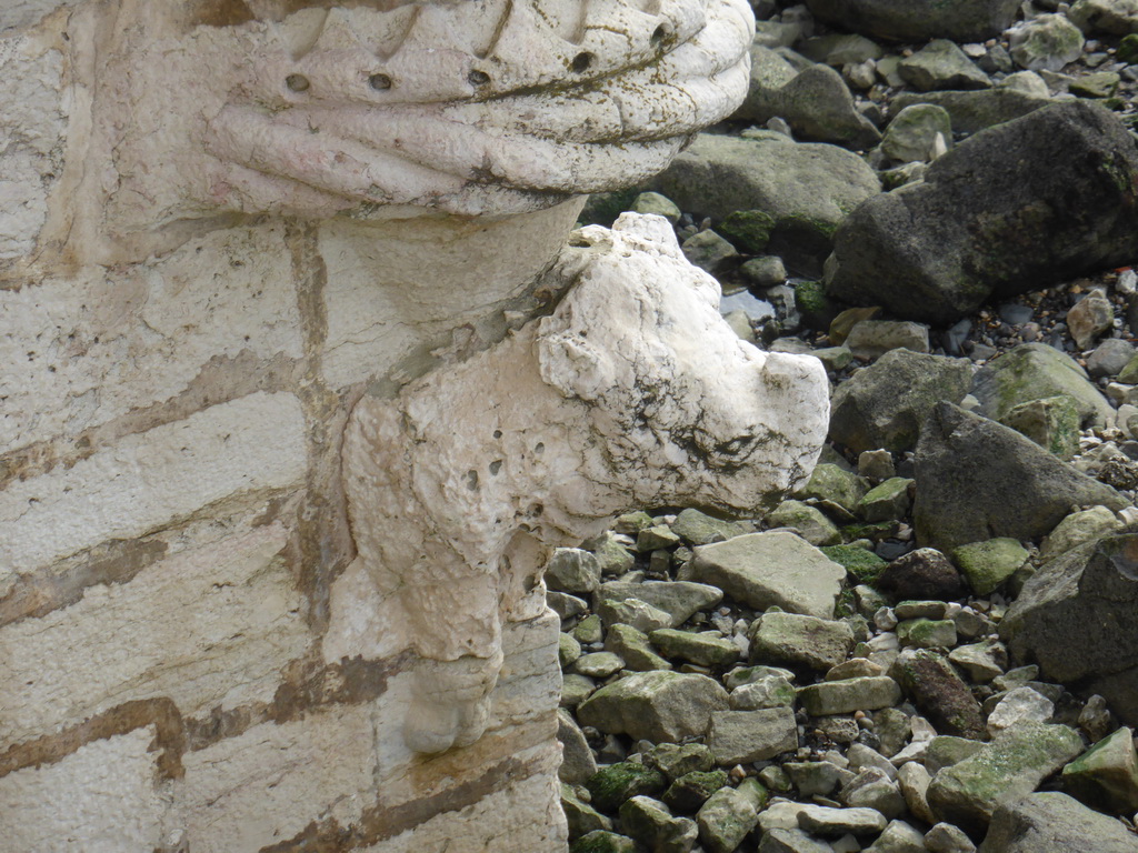 The Rhinoceros sculpture on the outside of the ground floor of the Torre de Belém tower, viewed from the first floor