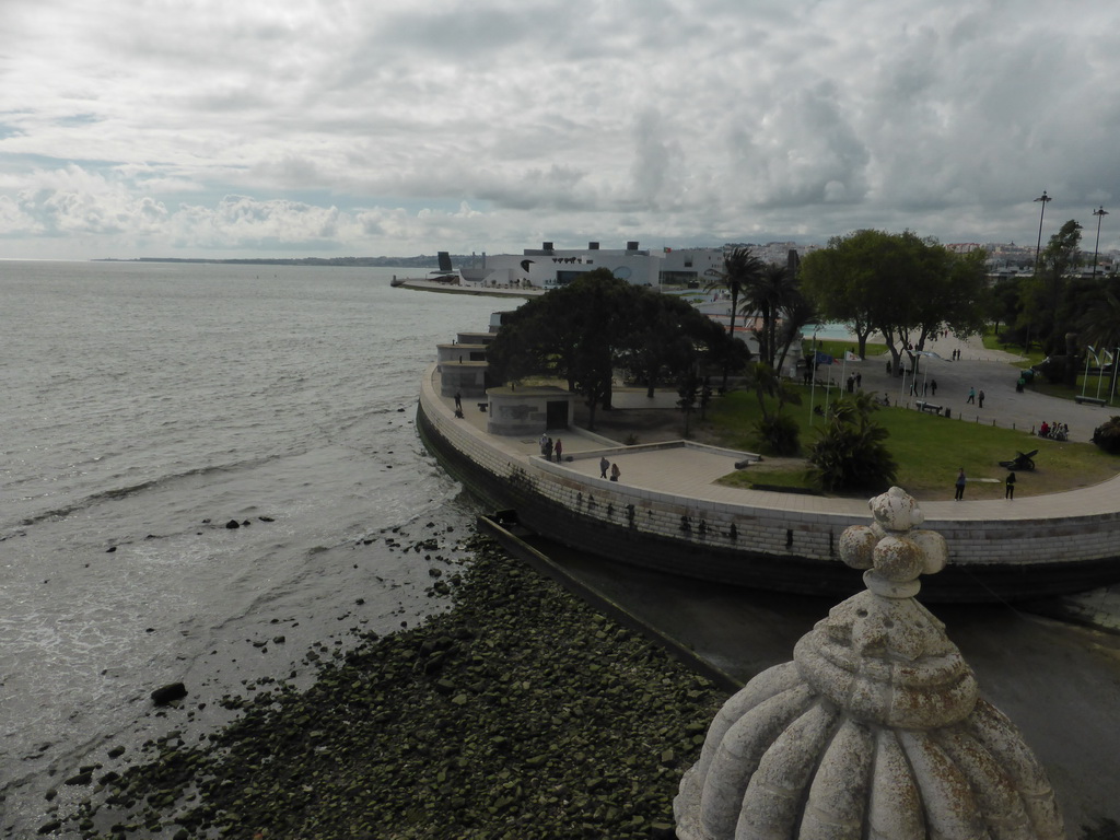 The Fort of Bom Sucesso and Museum of Combatants, the Centro Náutico de Algés center and the Rio Tejo river, viewed from the Loggia at the second floor of the Torre de Belém tower