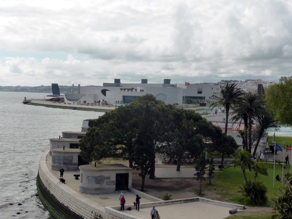 The Fort of Bom Sucesso and Museum of Combatants, the Centro Náutico de Algés center and the Rio Tejo river, viewed from the Loggia at the second floor of the Torre de Belém tower