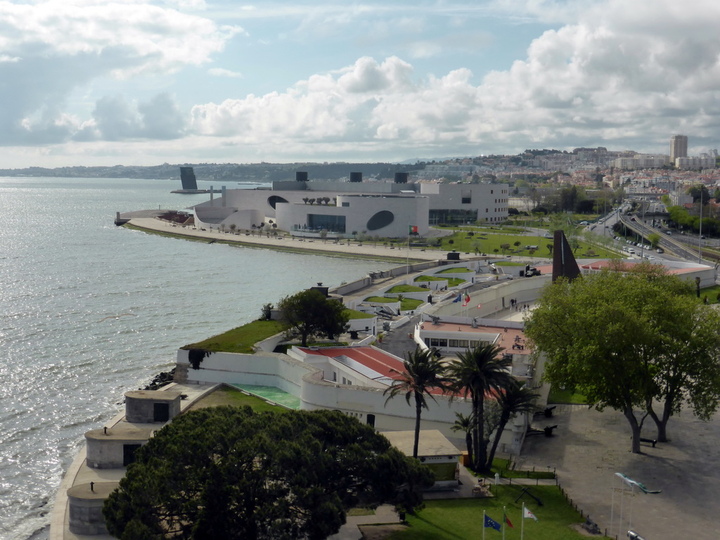 The Fort of Bom Sucesso and Museum of Combatants, the Centro Náutico de Algés center and the Rio Tejo river, viewed from the top of the Torre de Belém tower